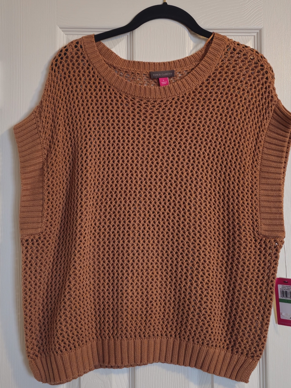 Vince Camuto Open-Knit Sleeveless Crewneck Sweater in Rust Or Warm Latte